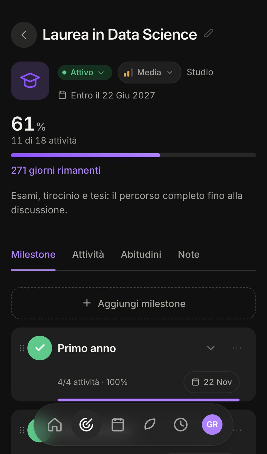 Obiettivo Laurea in Data Science con milestone su telefono