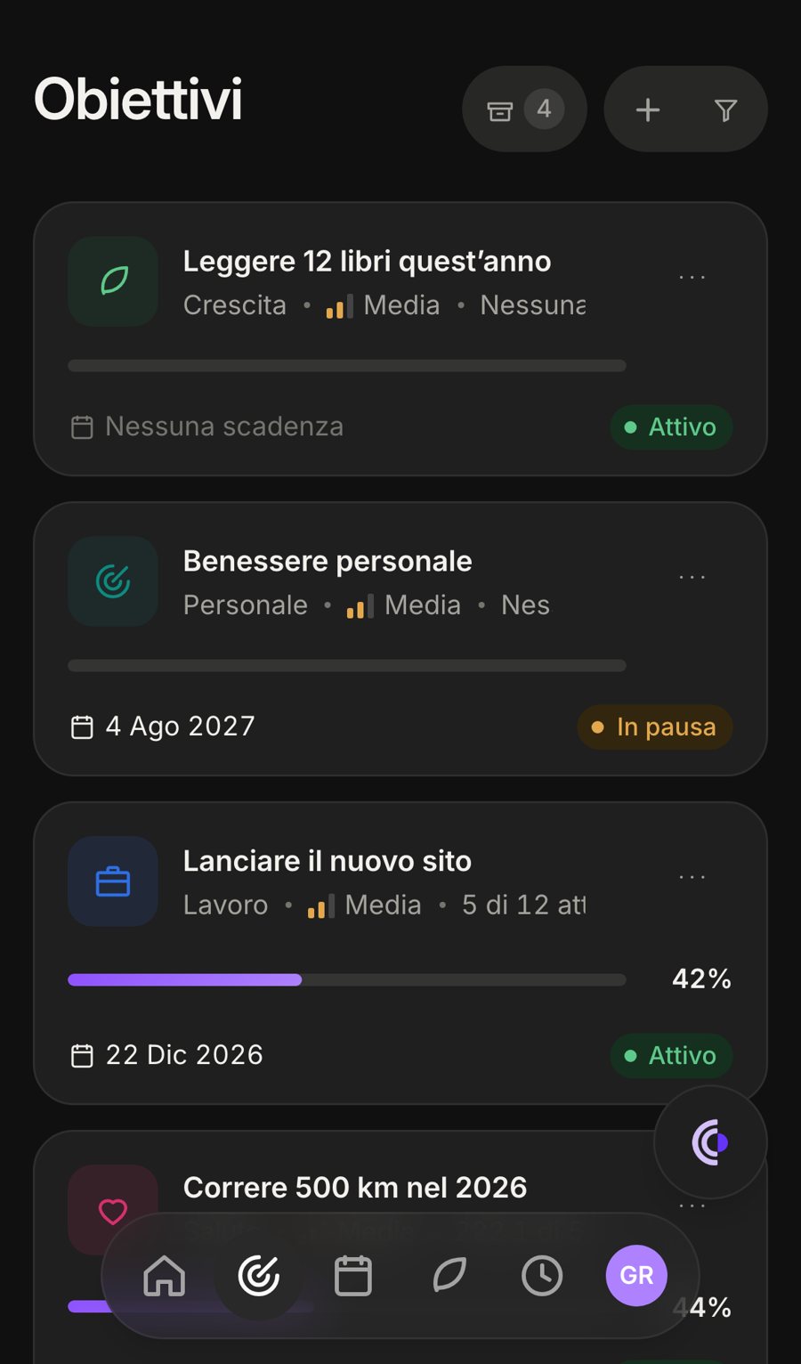 Elenco obiettivi su telefono