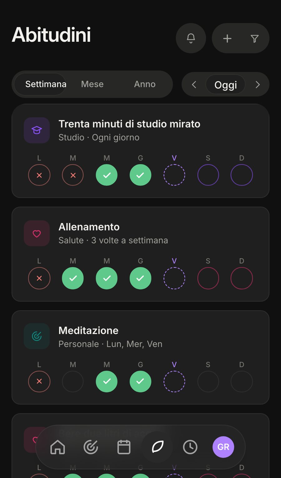 Abitudini della settimana su telefono